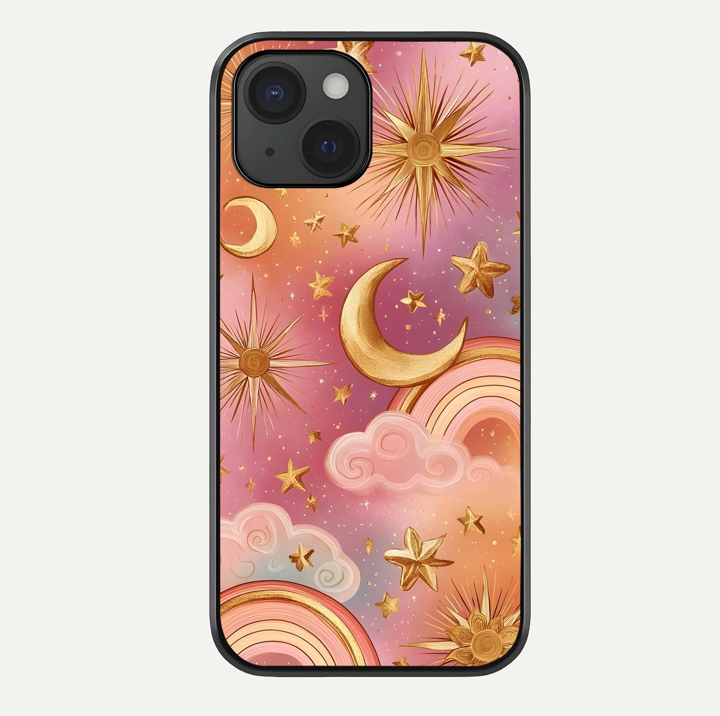 Golden Celestial Dreams Glass Case For iPhone 15 by Custom World
