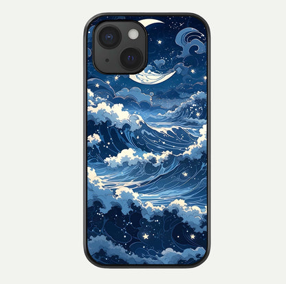 Ocean Moon Waves Glass Case For iPhone 15 by Custom World