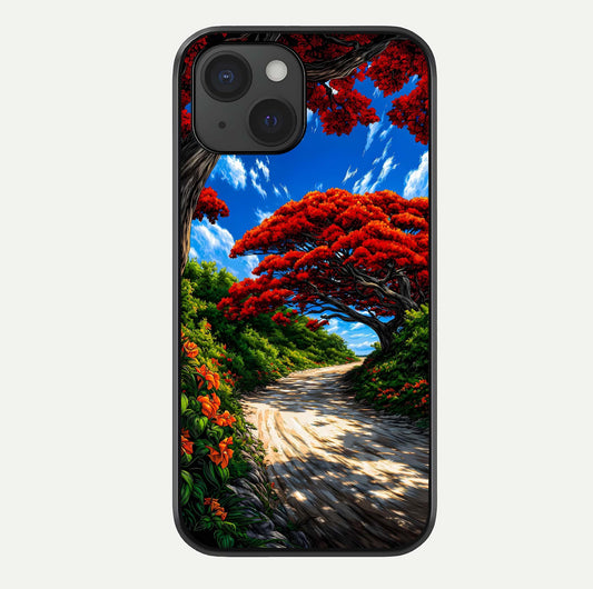 Red Trees Pathway Glass Case For iPhone 15 by Custom World