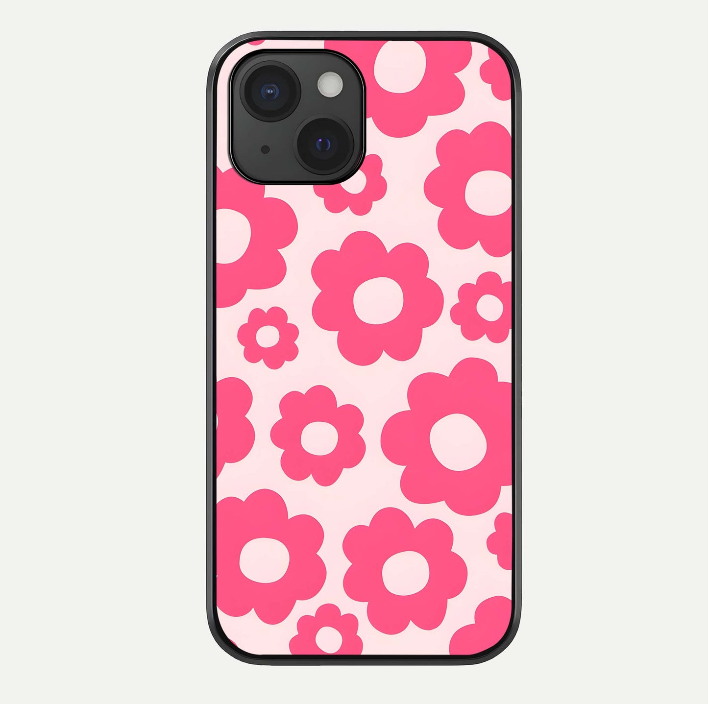 Blush Flower Pop iPhone 15  glass phone case front view featuring playful blush floral artwork with glossy finish