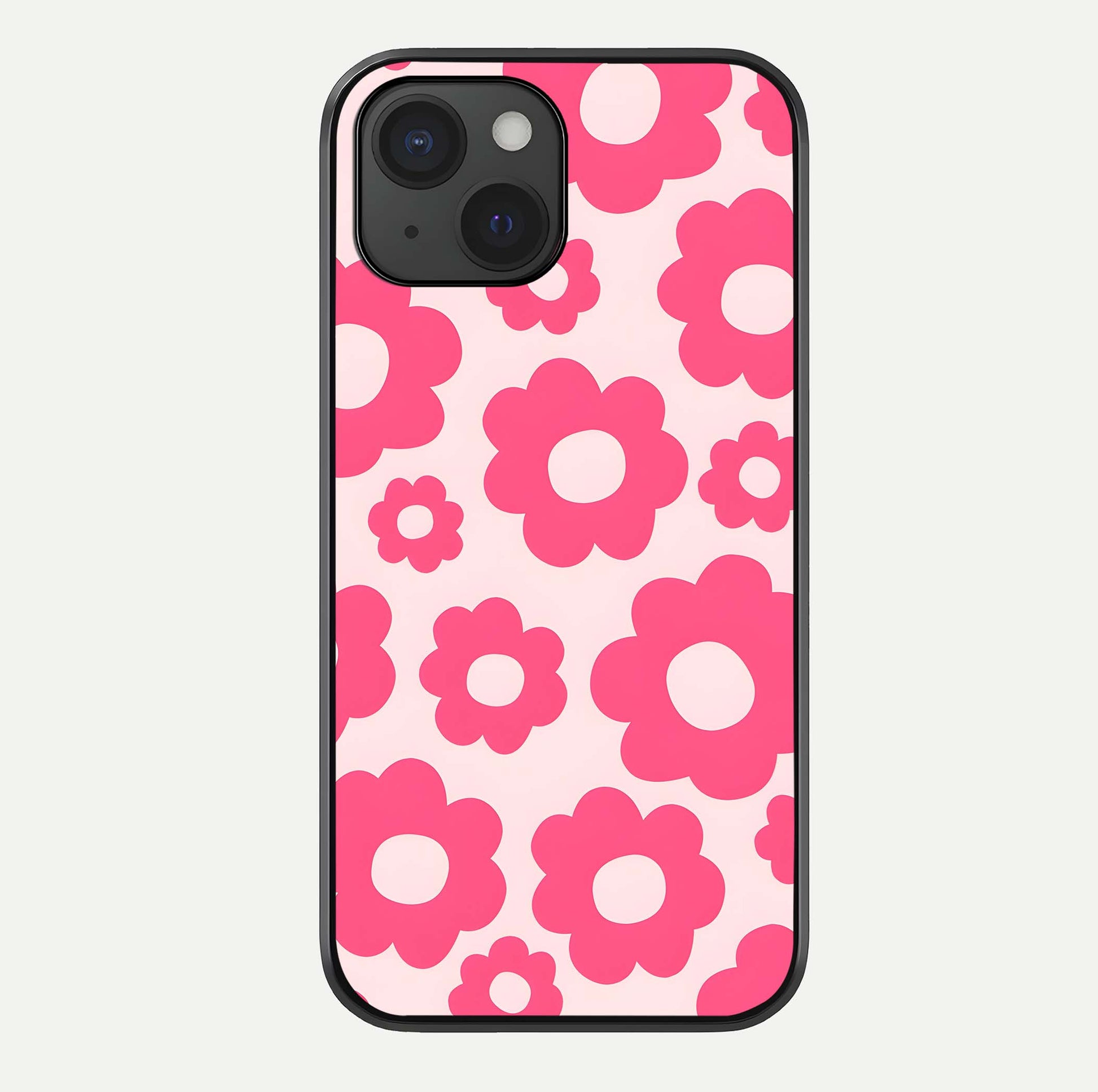 Blush Flower Pop iPhone 15  glass phone case front view featuring playful blush floral artwork with glossy finish