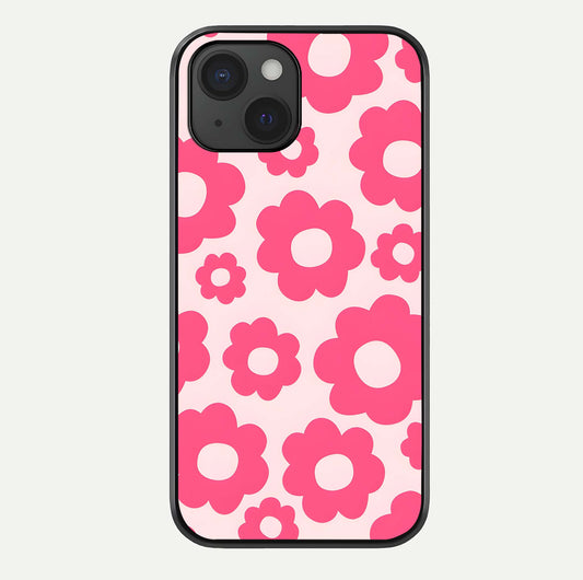 Blush Flower Pop iPhone 15  glass phone case front view featuring playful blush floral artwork with glossy finish