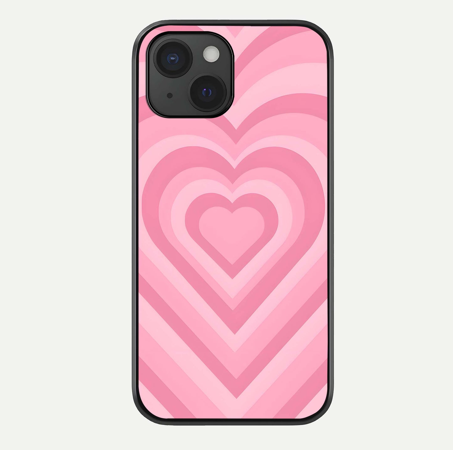 Blush Heart Waves iPhone 15  glass phone case front view showcasing flowing heart wave patterns in soft blush tones