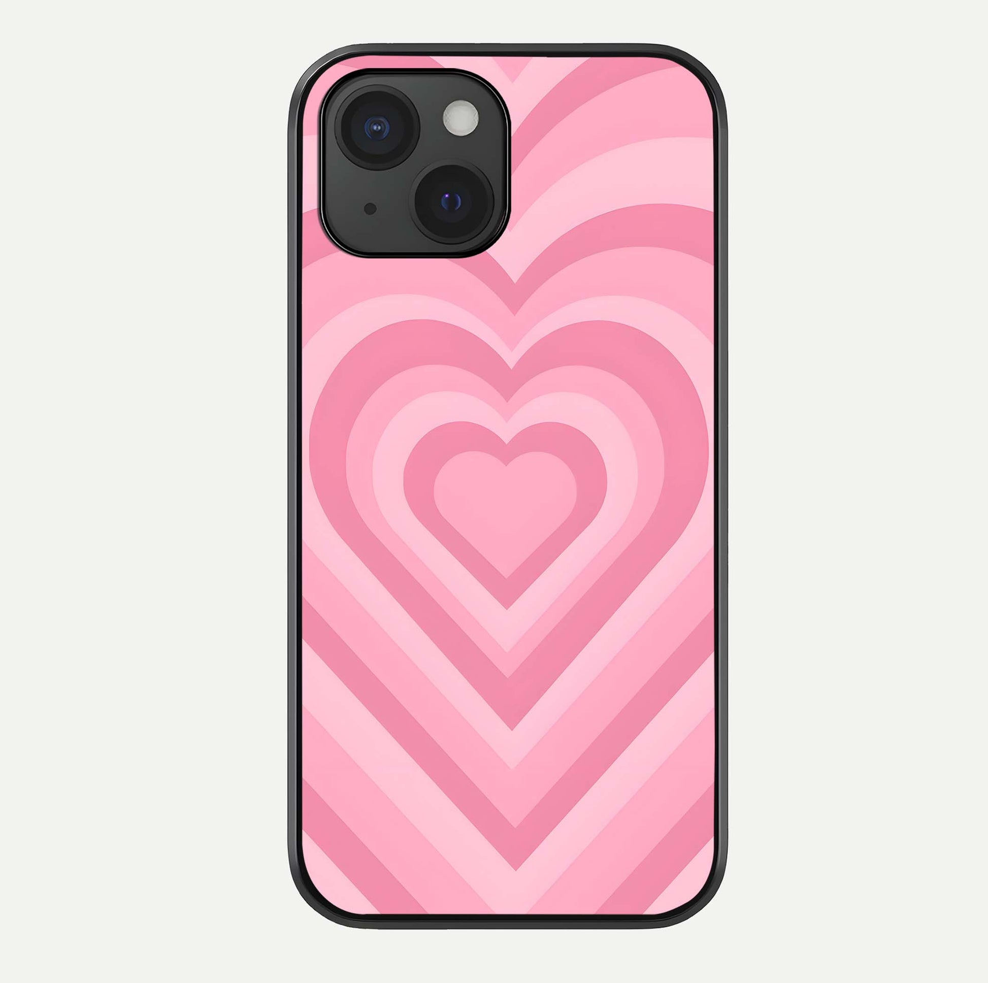 Blush Heart Waves iPhone 15  glass phone case front view showcasing flowing heart wave patterns in soft blush tones