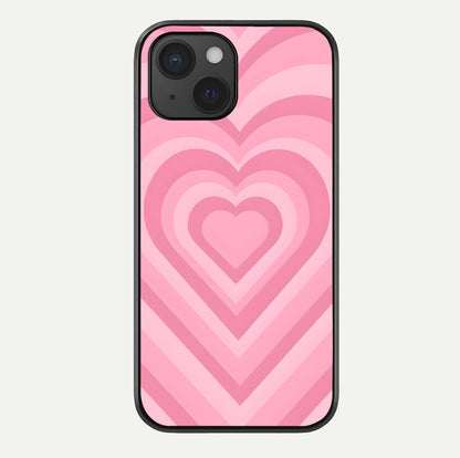Blush Heart Waves iPhone 15  glass phone case front view showcasing flowing heart wave patterns in soft blush tones
