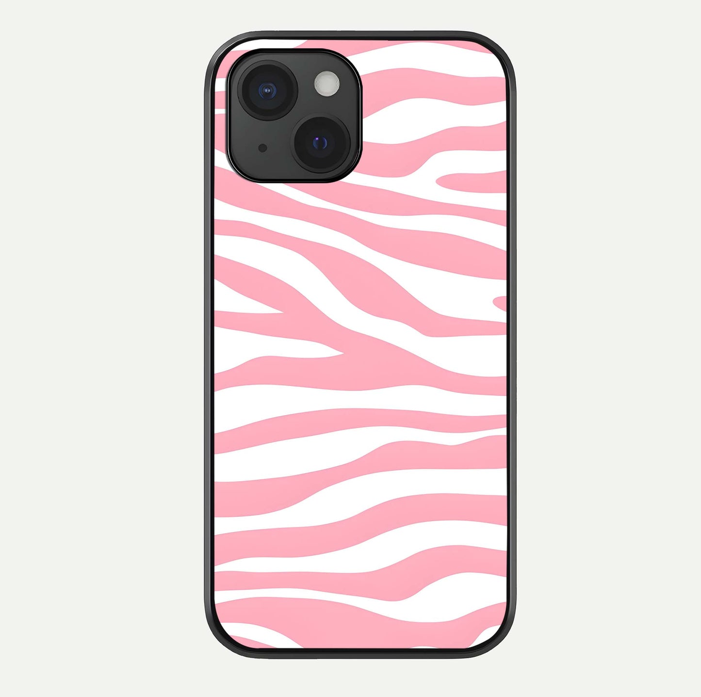 Blush Zebra Flow iPhone 15  glass phone case front view featuring modern zebra flow pattern in blush tones