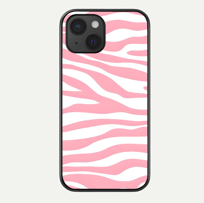 Blush Zebra Flow iPhone 15  glass phone case front view featuring modern zebra flow pattern in blush tones