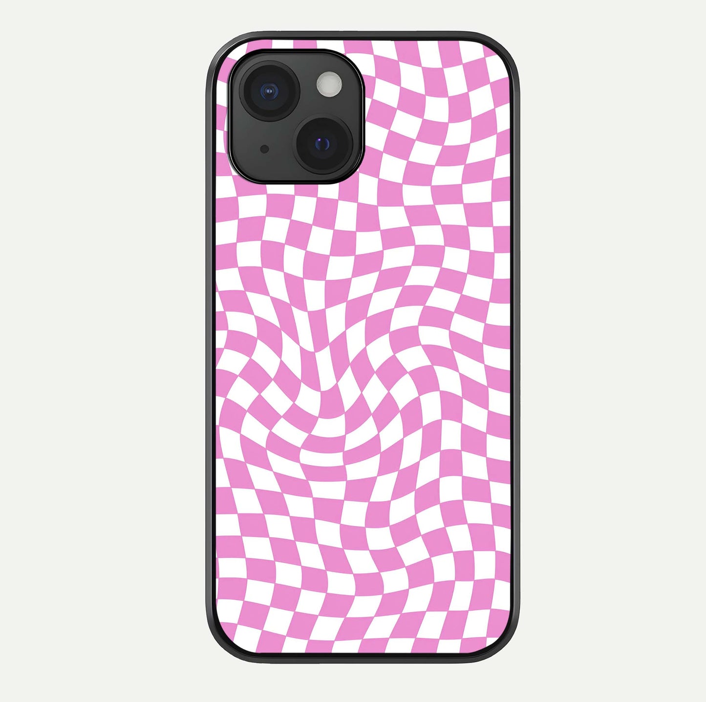 Bubblegum Check Wave iPhone 15  glass phone case front view showcasing playful bubblegum check wave pattern with glossy finish