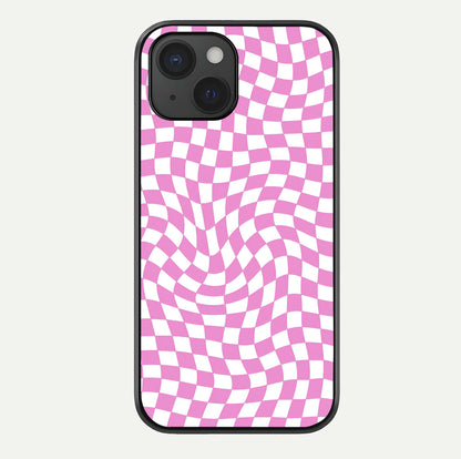 Bubblegum Check Wave iPhone 15  glass phone case front view showcasing playful bubblegum check wave pattern with glossy finish