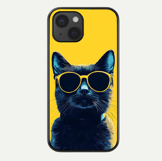 Cool Cat Vibes iPhone 15  glass phone case front view featuring playful cat illustration with cool aesthetic tones