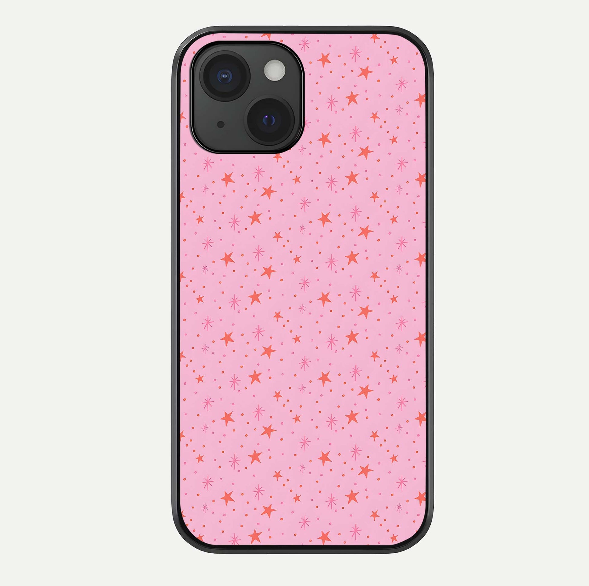 Cosmic Pink Sparkle iPhone 15  glass phone case front view showcasing shimmering pink cosmic artwork with glossy finish