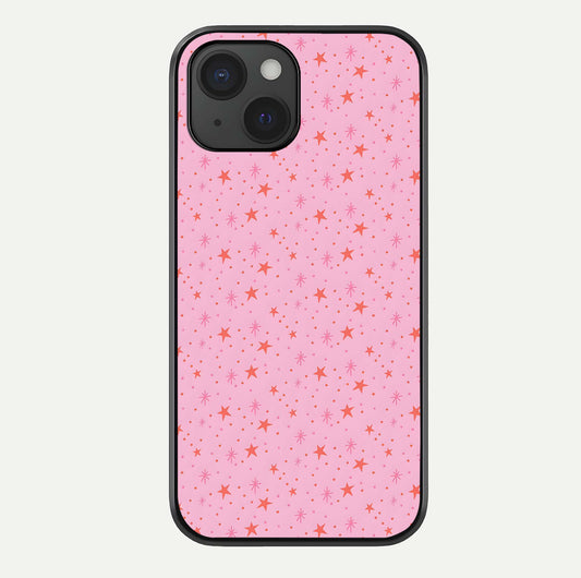 Cosmic Pink Sparkle iPhone 15  glass phone case front view showcasing shimmering pink cosmic artwork with glossy finish