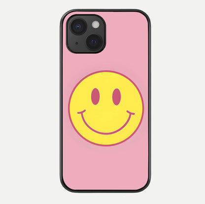 Happy Pink Mood iPhone 15  glass phone case front view featuring cheerful pink tones and playful aesthetic design