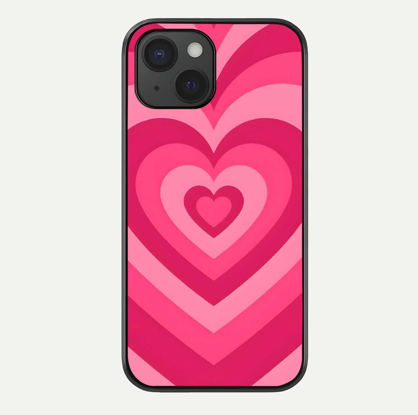 Layered Love Hearts iPhone 15  glass phone case front view showcasing layered heart patterns with romantic aesthetic