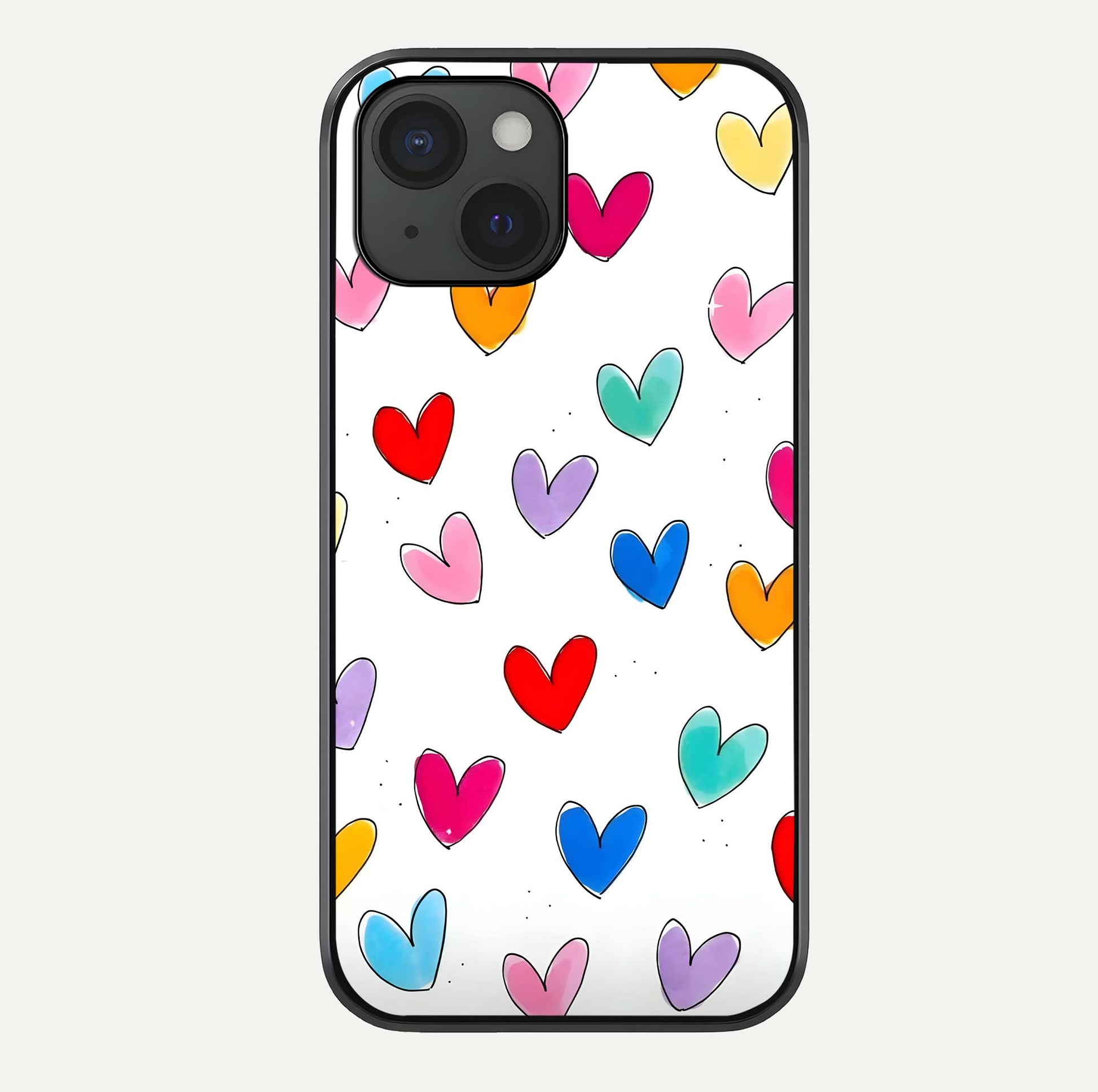 Playful Love Doodles iPhone 15  glass phone case front view featuring cute love doodle illustrations with fun vibe
