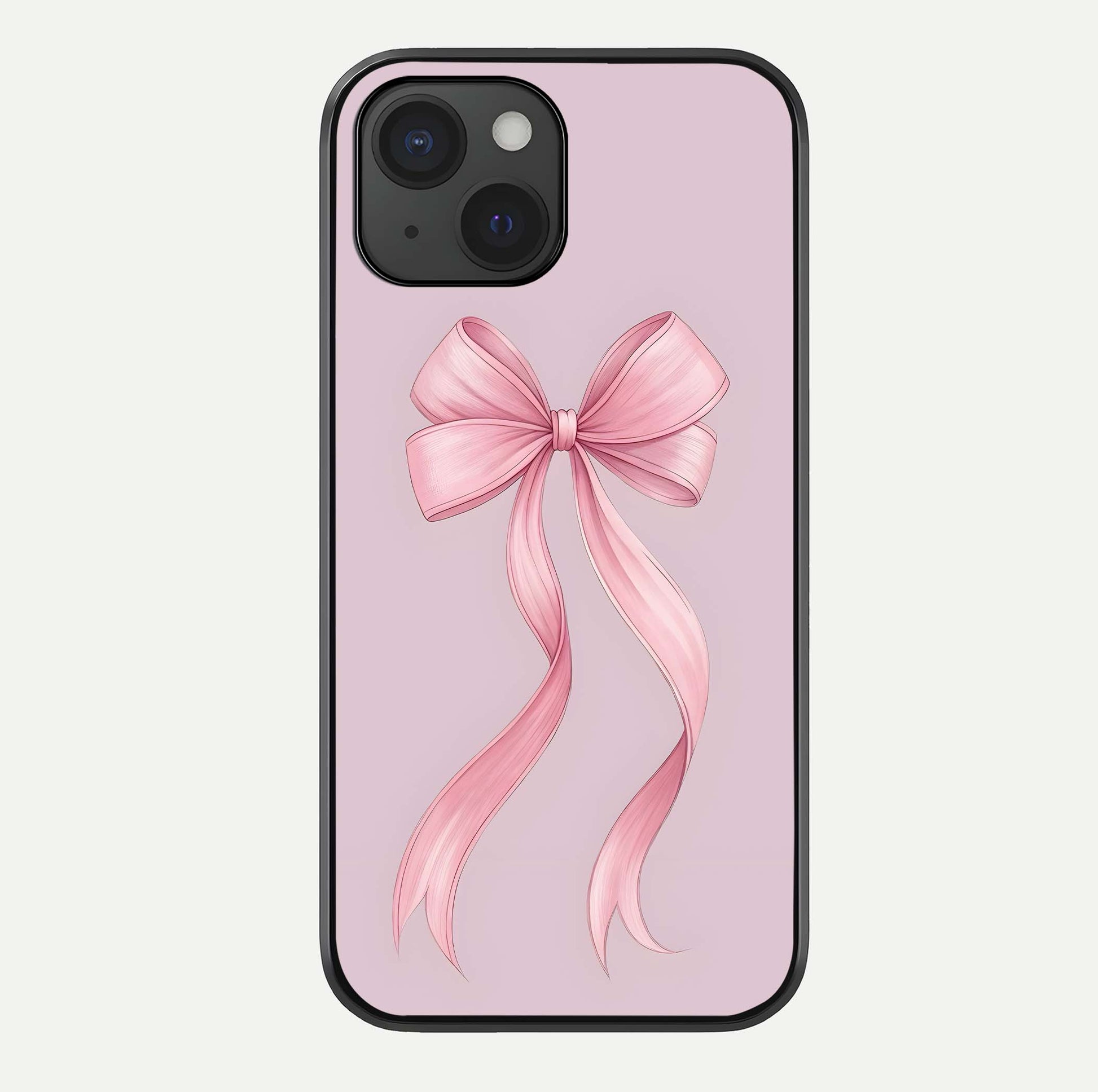 Soft Blush Bow iPhone 15  glass phone case front view showcasing soft blush tones with elegant bow design