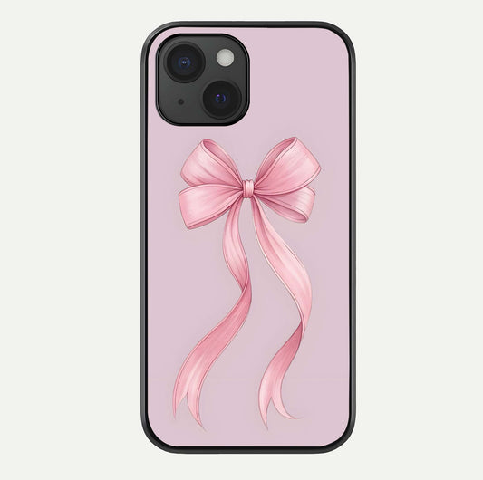 Soft Blush Bow iPhone 15  glass phone case front view showcasing soft blush tones with elegant bow design
