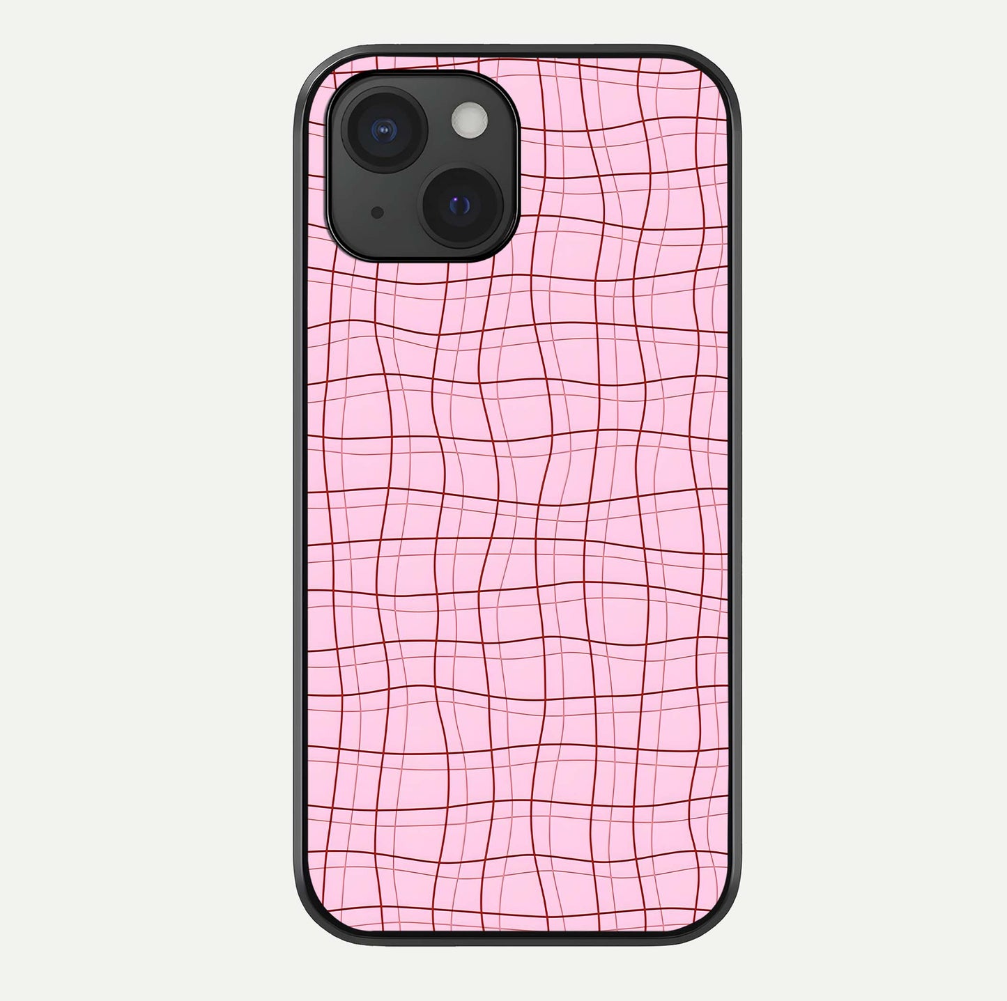 Soft Grid Bliss iPhone 15  glass phone case front view showcasing minimal grid pattern with soft aesthetic