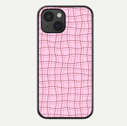 Soft Grid Bliss iPhone 15  glass phone case front view showcasing minimal grid pattern with soft aesthetic