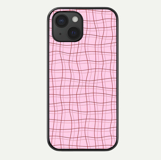 Soft Grid Bliss iPhone 15  glass phone case front view showcasing minimal grid pattern with soft aesthetic