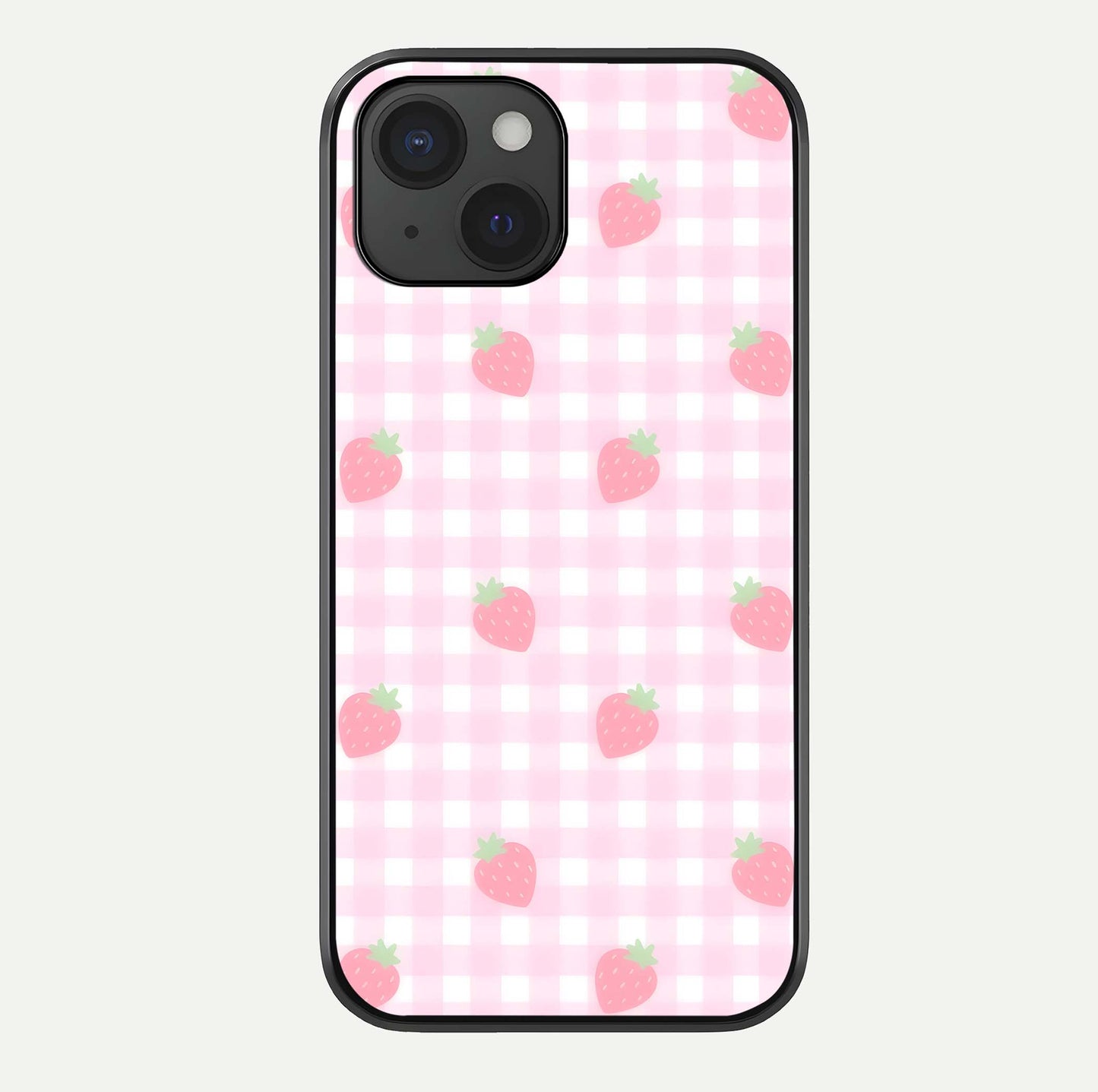 Strawberry Picnic Love iPhone 15  glass phone case front view featuring cute strawberry picnic artwork with romantic vibe