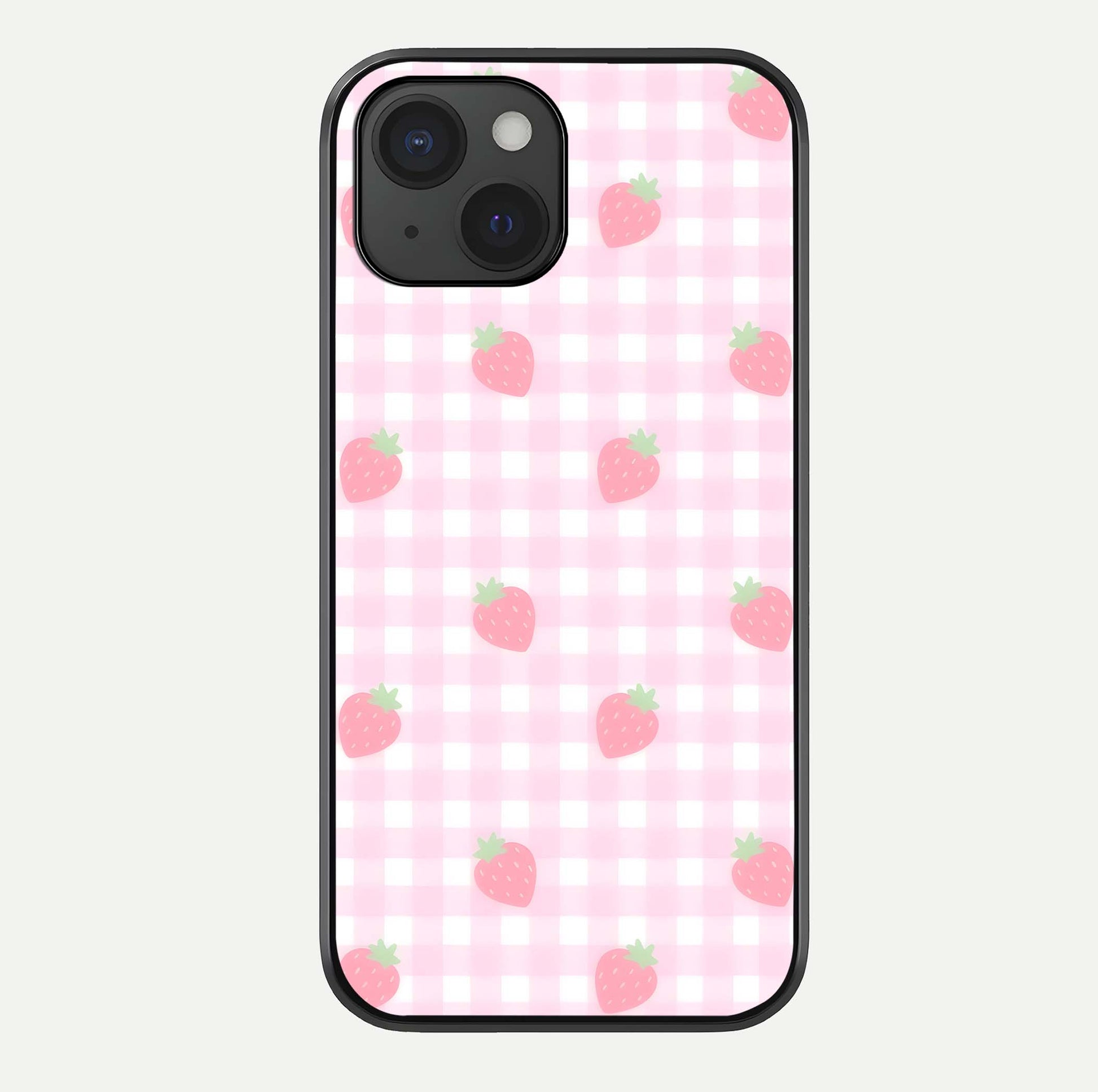 Strawberry Picnic Love iPhone 15  glass phone case front view featuring cute strawberry picnic artwork with romantic vibe