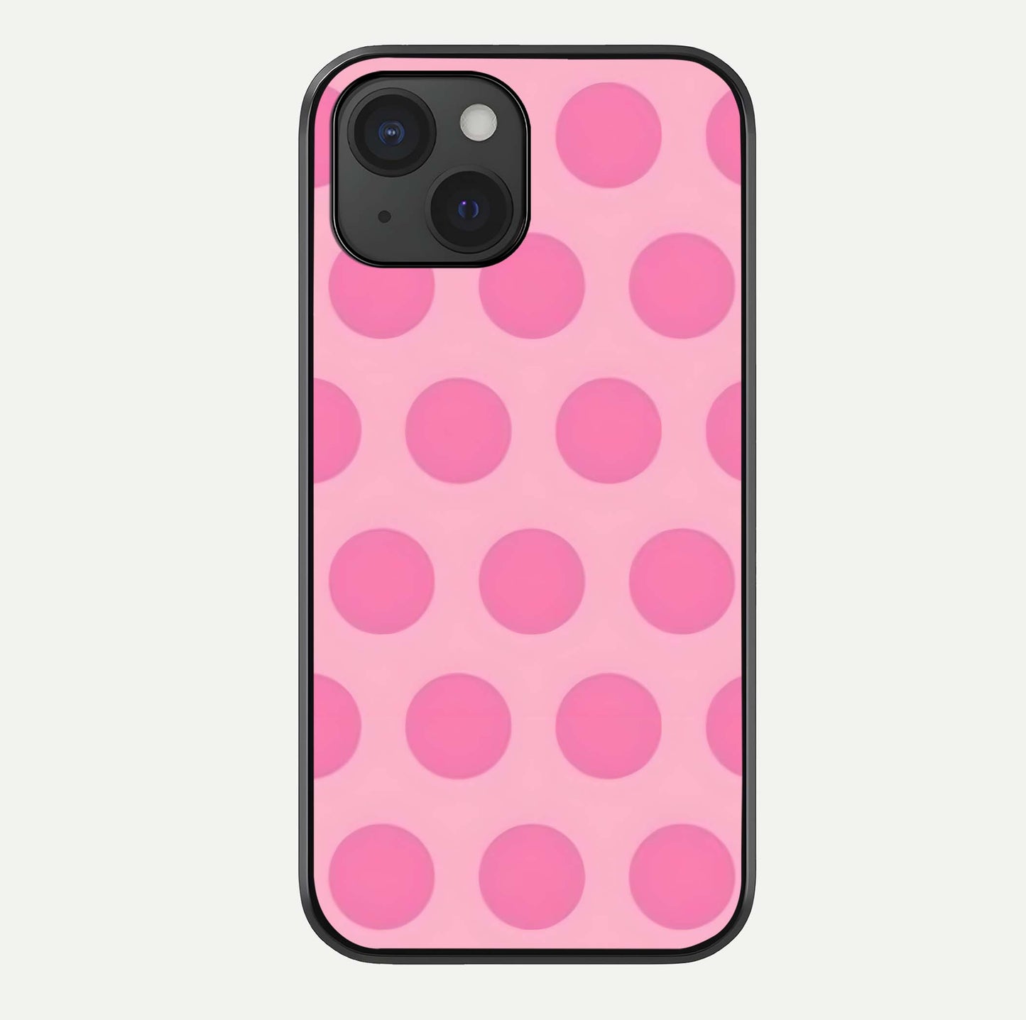Sweet Dot Dreams iPhone 15  glass phone case front view showcasing playful dot patterns with dreamy aesthetic