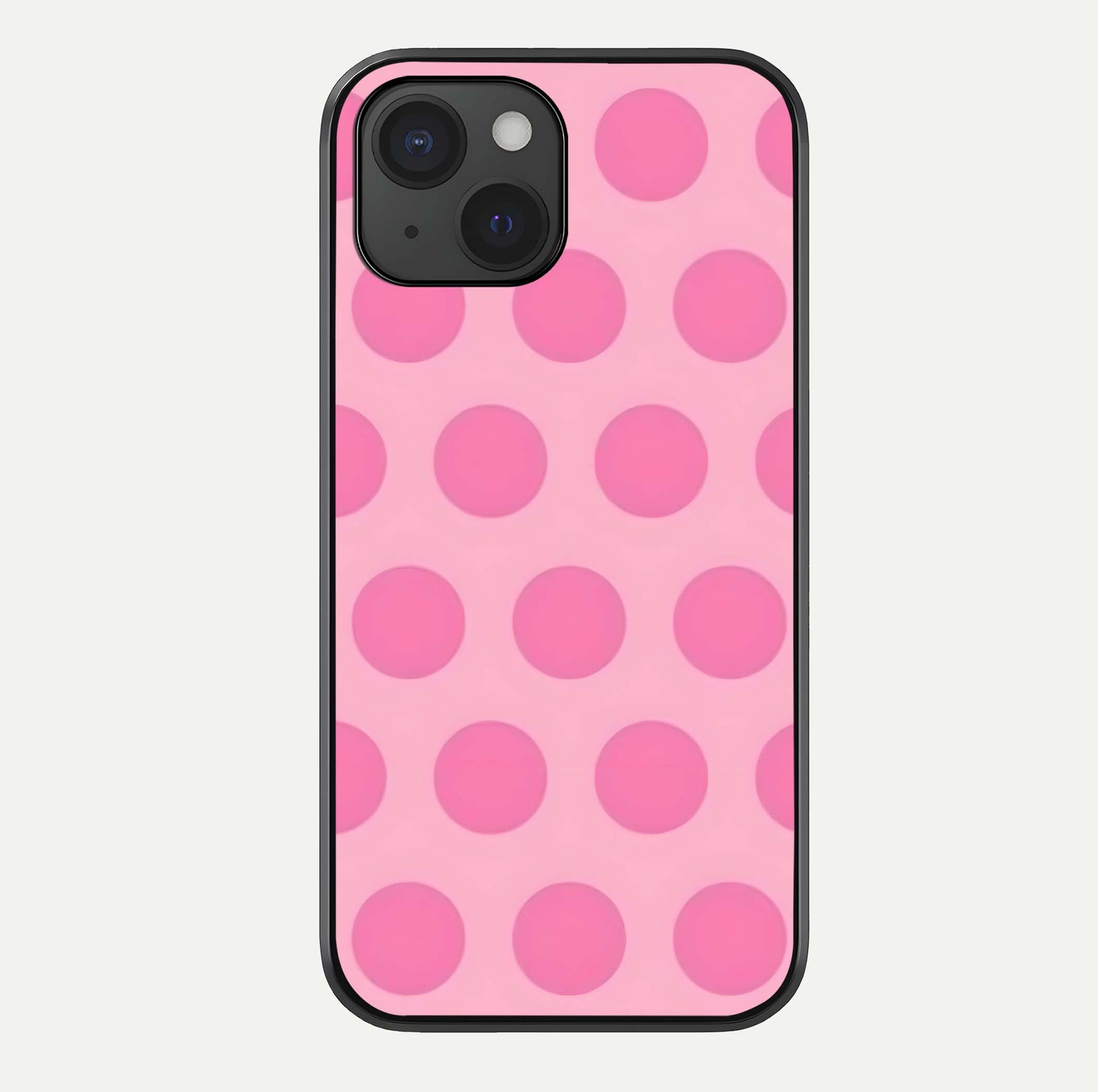 Sweet Dot Dreams iPhone 15  glass phone case front view showcasing playful dot patterns with dreamy aesthetic