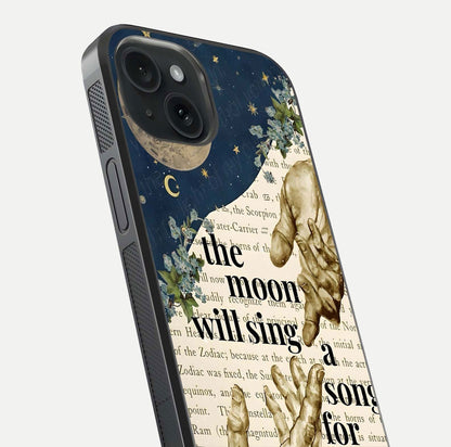 Aesthetic Divine Glass Case for iPhone 15 close-up angled shot showing detailed divine artwork and gloss reflection