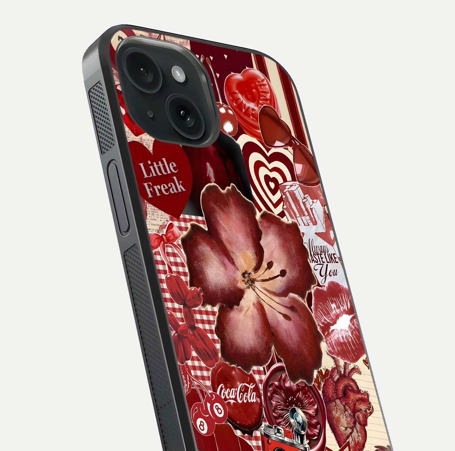 Aesthetic Little Freak Glass Case for iPhone 15 close-up angled shot showing detailed artwork, bold design, and gloss reflection
