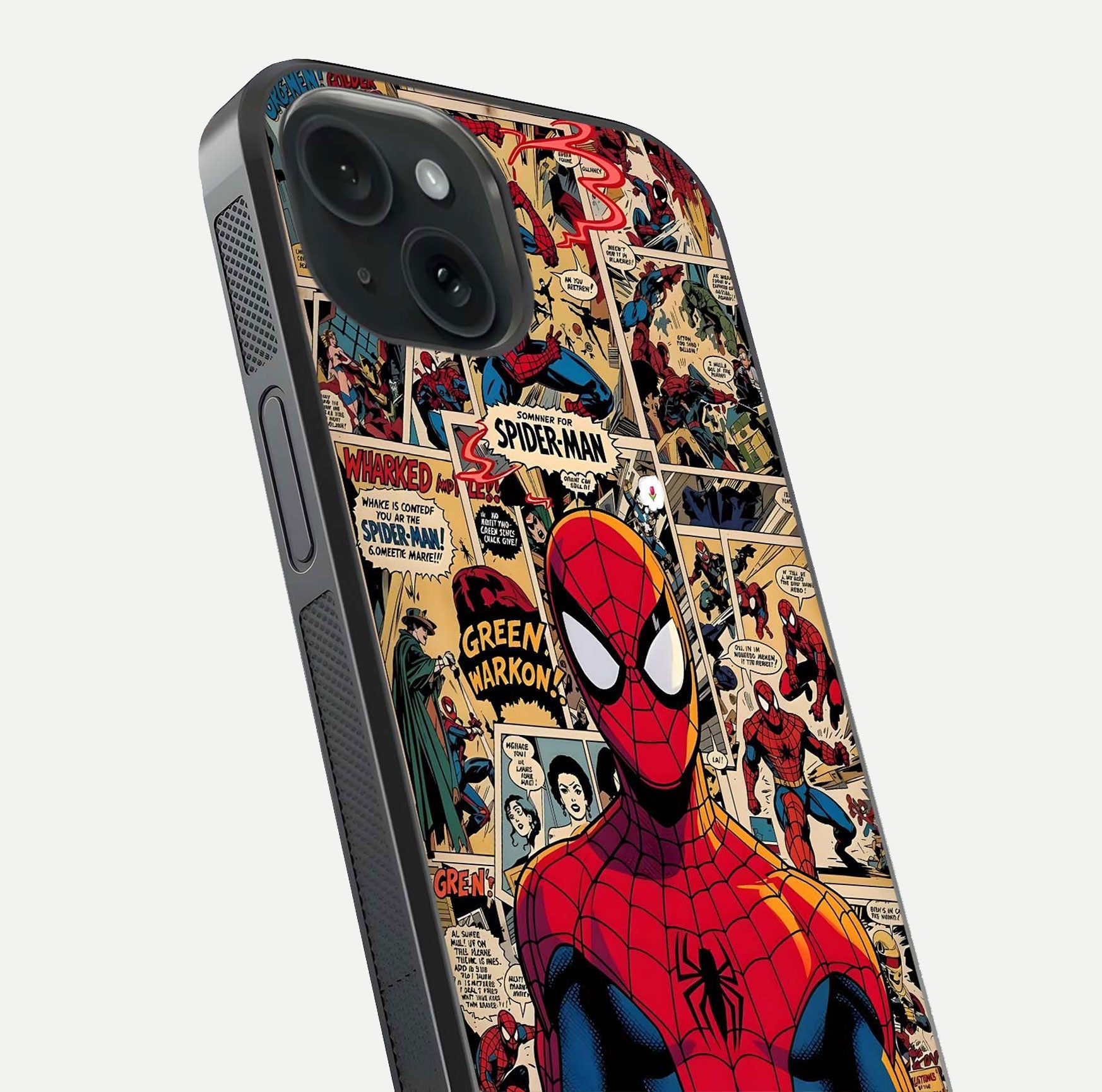 Aesthetic Spider Man Glass Case for iPhone 15 close-up angled shot showing detailed Spider-Man artwork and gloss reflection