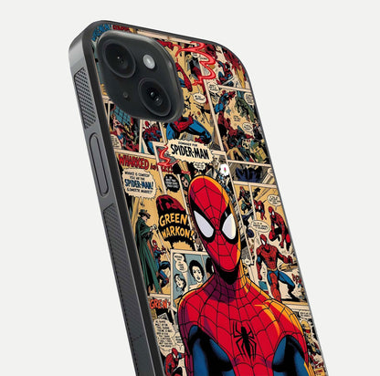 Aesthetic Spider Man Glass Case for iPhone 15 close-up angled shot showing detailed Spider-Man artwork and gloss reflection