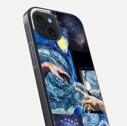 Aesthetic Vando Hands Glass Case for iPhone 15 close-up angle showing fine detailing of hand artwork and glass reflection