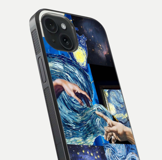 Aesthetic Vando Hands Glass Case for iPhone 15 close-up angle showing fine detailing of hand artwork and glass reflection
