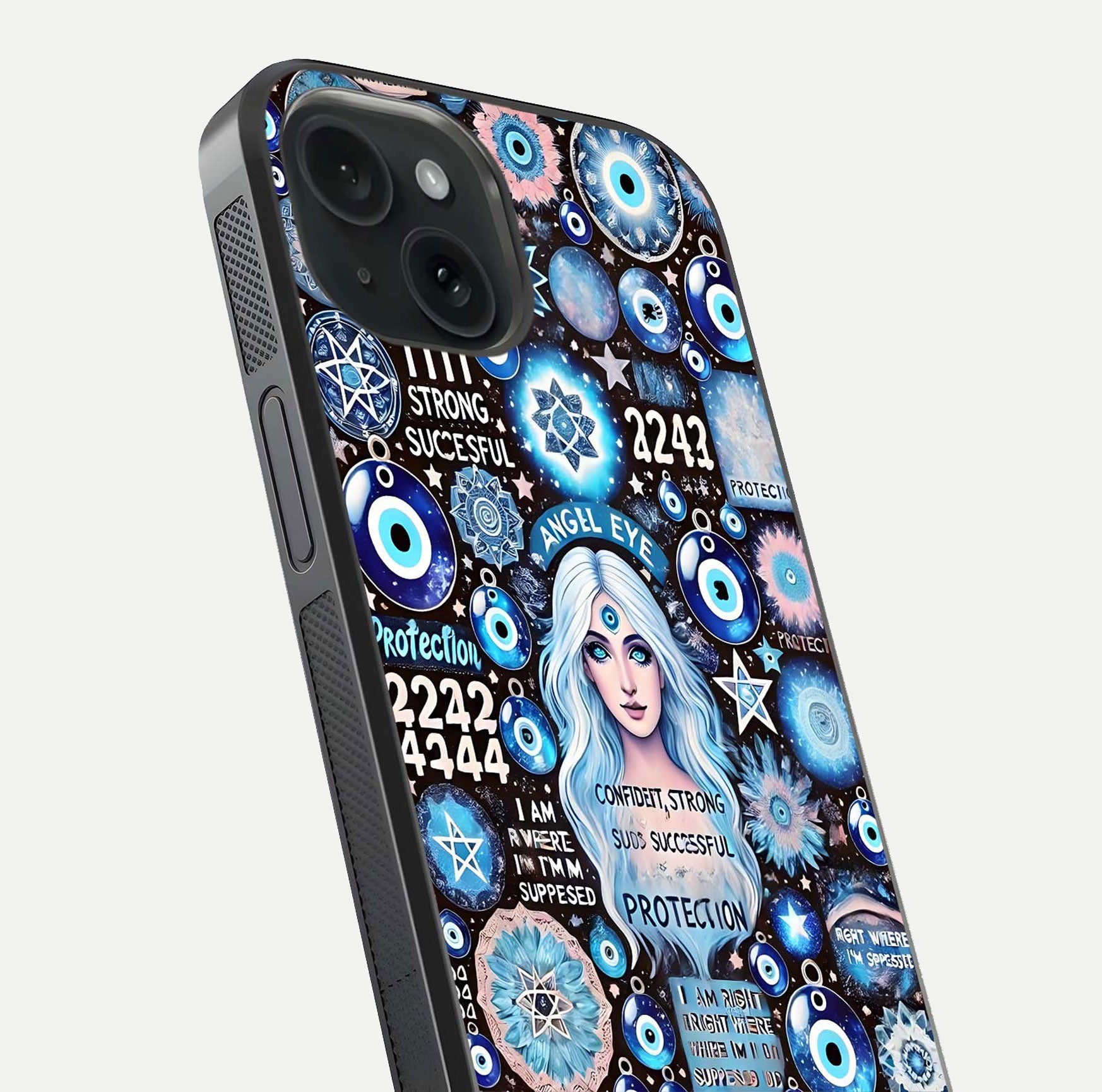 Angel Aura Shield Glass Case for iPhone 15 close-up view capturing aura glow, metallic tones, and shine texture