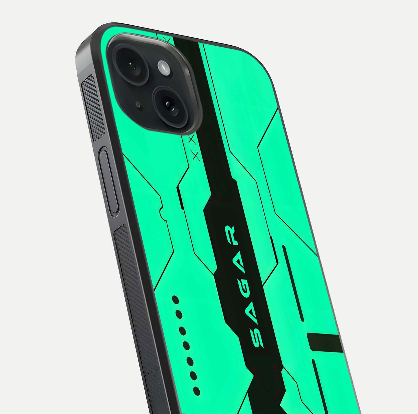 Aqua Tech CYBERPUNK Custom Name Glass Case for iPhone 15 close-up angle showing futuristic blue lights and reflections