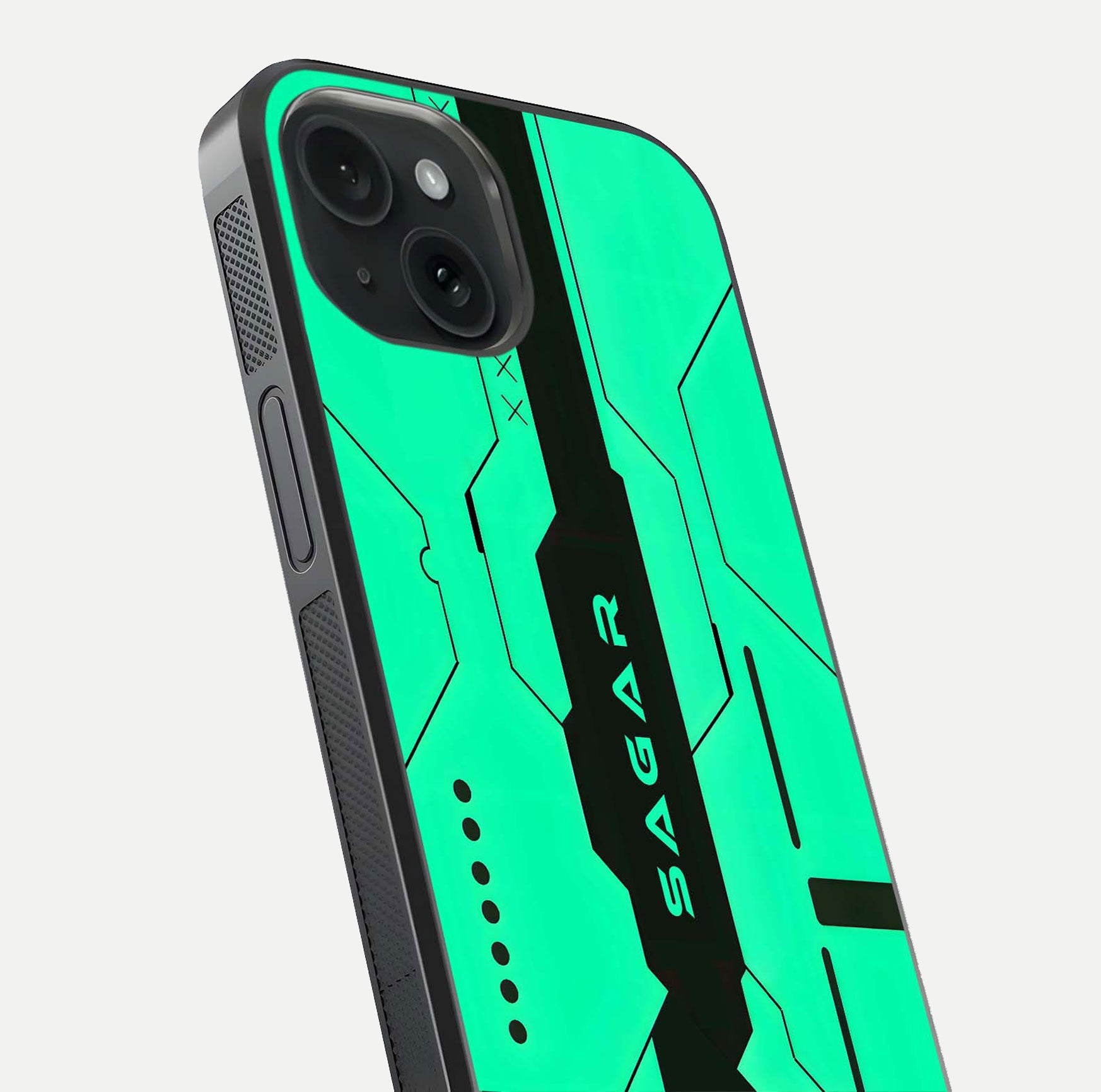 Aqua Tech CYBERPUNK Custom Name Glass Case for iPhone 15 close-up angle showing futuristic blue lights and reflections