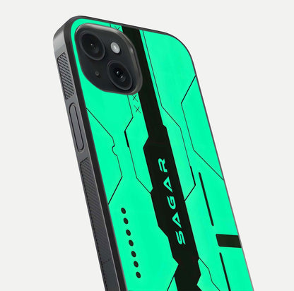 Aqua Tech CYBERPUNK Custom Name Glass Case for iPhone 15 close-up angle showing futuristic blue lights and reflections