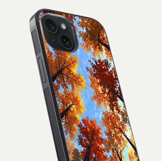 Autumn Sky Rise Glass Case for iPhone 15 close-up shot of autumn tone details and HD shine reflection