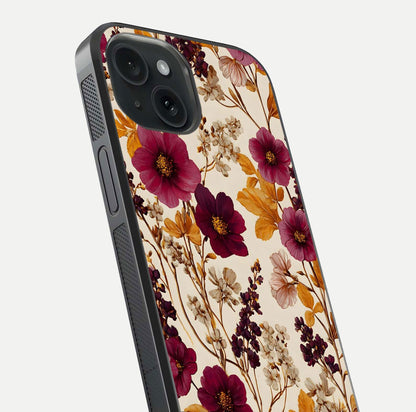 Autumn Wine Bloom Glass Case for iPhone 15 close-up highlighting petal detail and gloss reflection