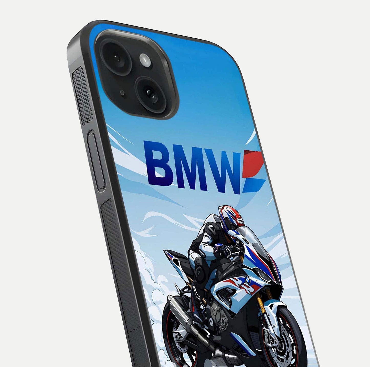 BMW Power Drift Glass Case for iPhone 15 close-up view highlighting motion streaks and gloss shine