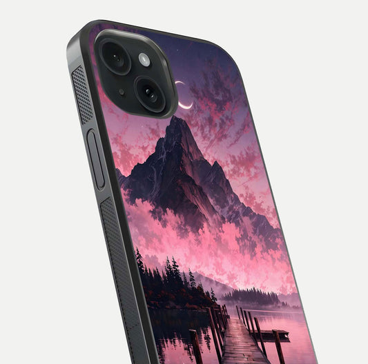 Beautyful Mountain View Glass Case for iPhone 15 close-up angle highlighting landscape details and shine