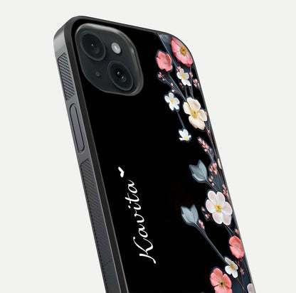 Black Elegance Floral Custom Name Glass Case for iPhone 15 close-up shot showing rose detailing and elegant reflection