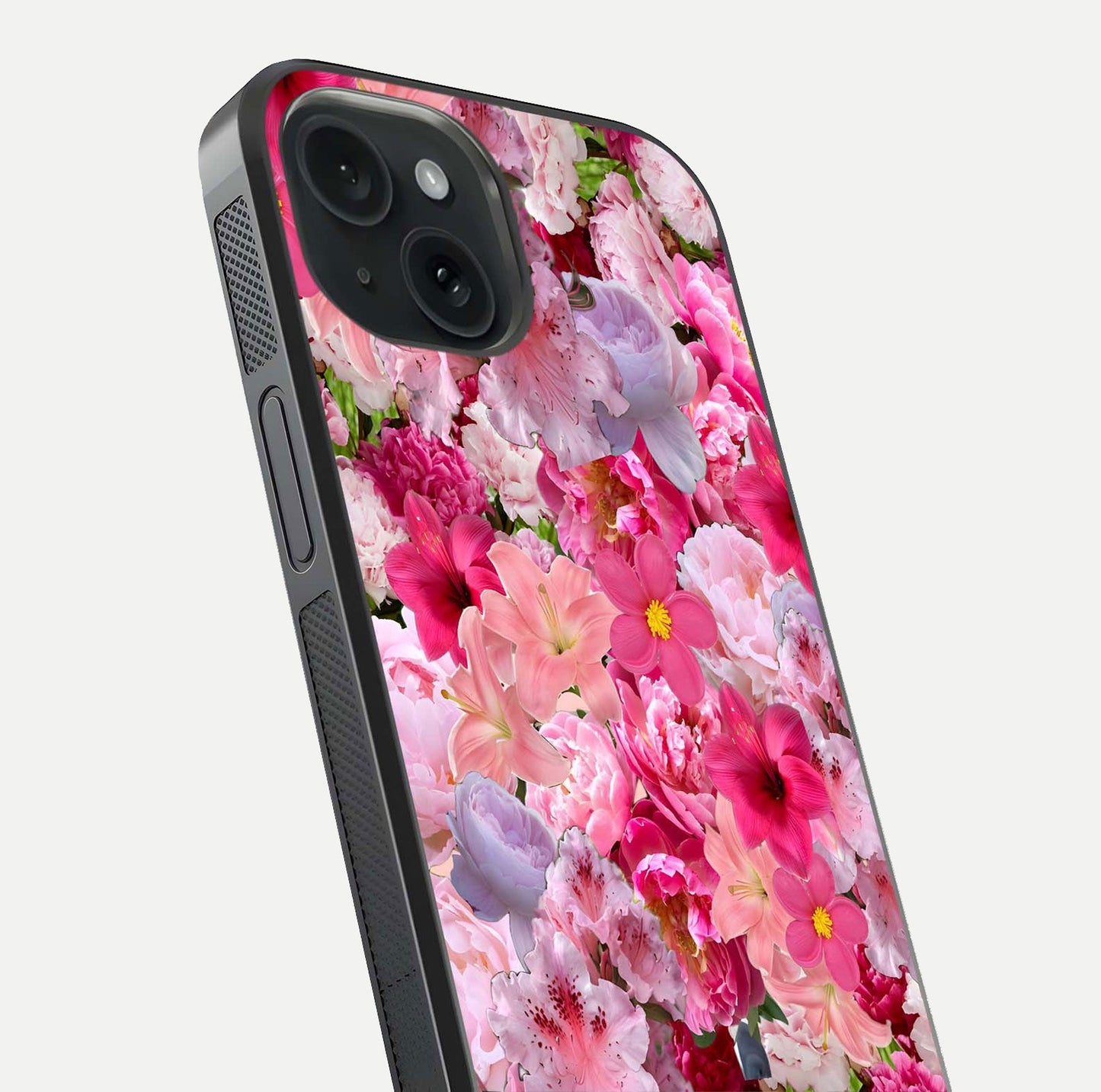 Bloom Crush Fantasy Glass Case for iPhone 15 close-up image showing color gradient and petal detailing