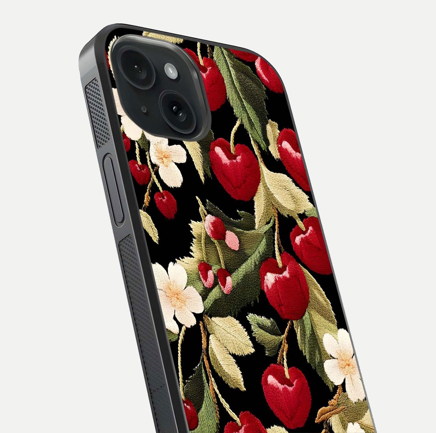 Bloom Thread Art Glass Case for iPhone 15 close-up view highlighting fine line details and glossy shine