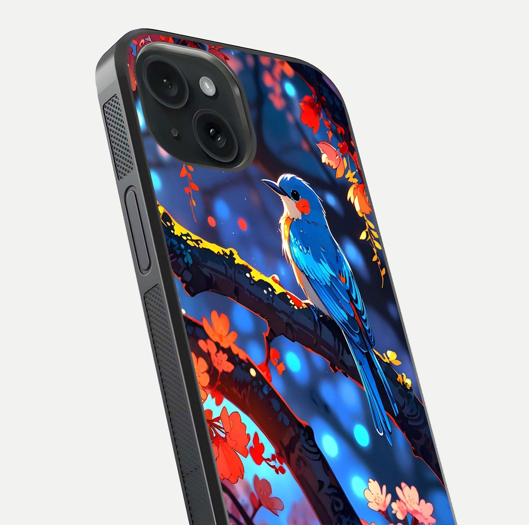 Blooming Spendor Bird Glass Case for iPhone 15 close-up shot highlighting bird design details and glossy shine