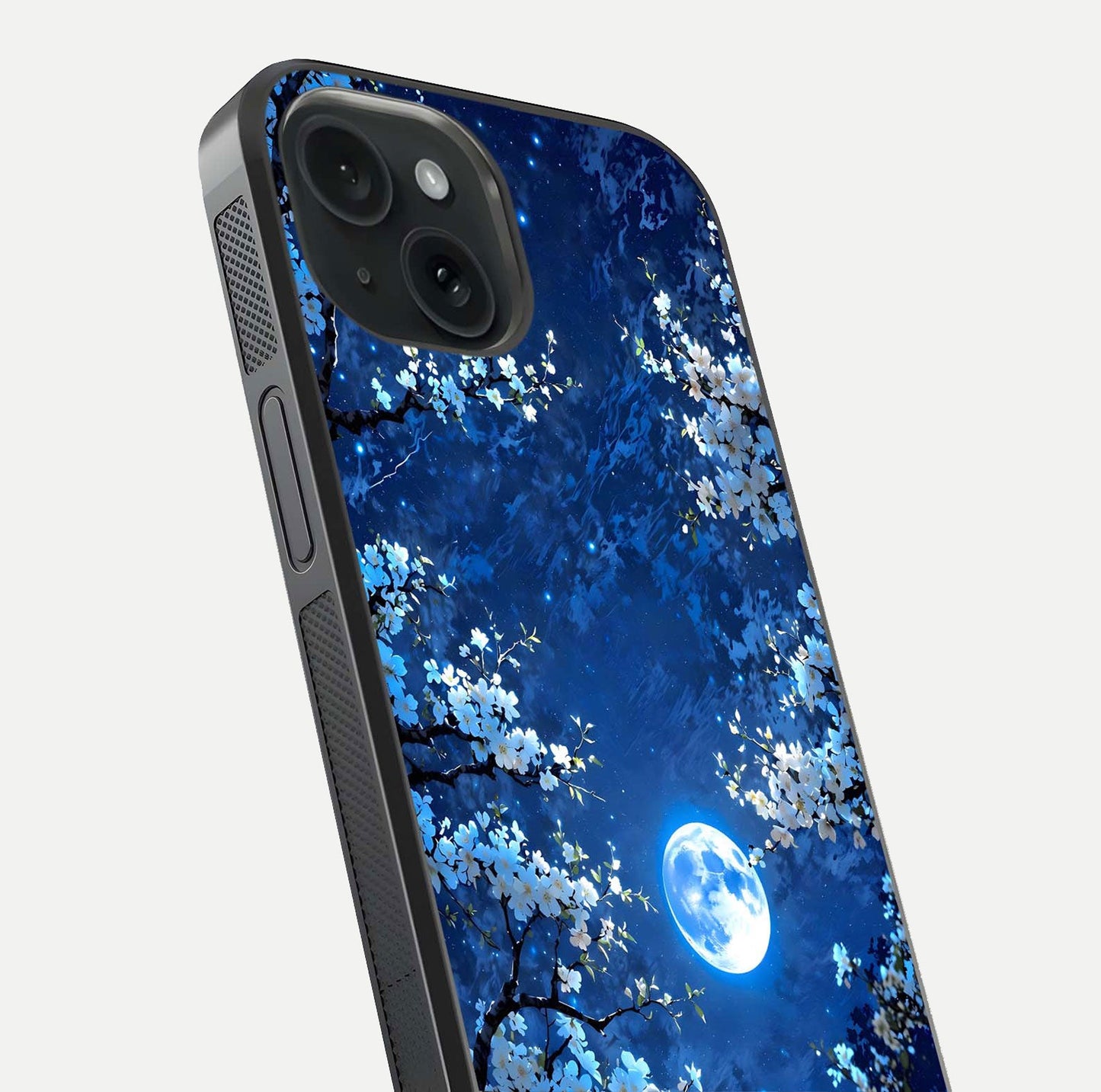 Blossom Moonlight Sky Glass Case for iPhone 15 close-up angle capturing moon glow and flower detail reflections