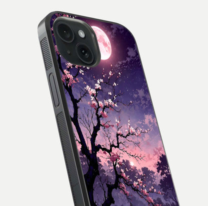Blossom Pink Moon Glass Case for iPhone 15 close-up shot showing pink tones, moon highlight, and reflection gloss