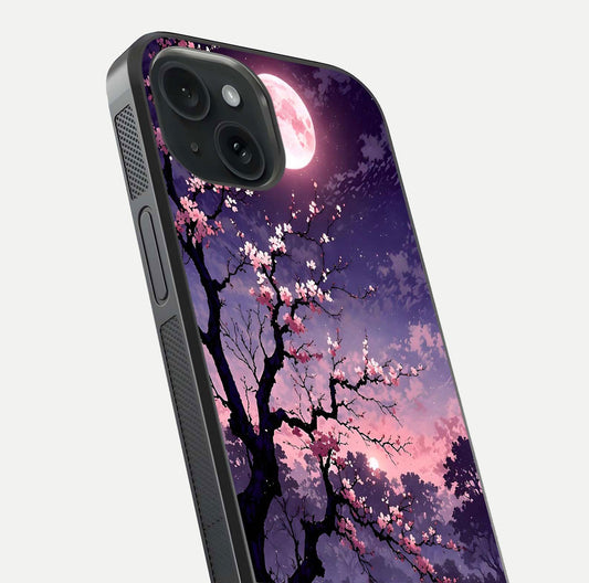 Blossom Pink Moon Glass Case for iPhone 15 close-up shot showing pink tones, moon highlight, and reflection gloss