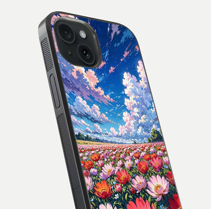 Blossom Sky Field Glass Case for iPhone 15 close-up image showing petal patterns and subtle sky gradient